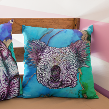Load image into Gallery viewer, Koala cushion with blue and green background
