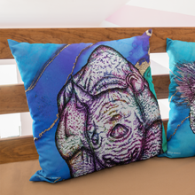 Load image into Gallery viewer, Baby rhino cushion on a blue and gold background