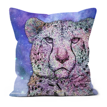 Load image into Gallery viewer, A cushion with a hand drawn cheetah on a purple galaxy background