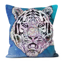 Load image into Gallery viewer, My tiger on a cushion with a blue galaxy inspired background