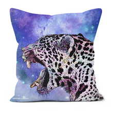 Load image into Gallery viewer, A cushion featuring a stunning jaguar on a purple galaxy inspired background