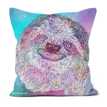 Load image into Gallery viewer, A cute smiley sloth on a blue and pink galaxy background, feature on this cushion