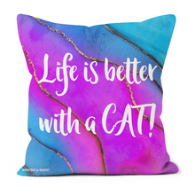 Load image into Gallery viewer, Life is better with a cat cushion, with a blue and purple background