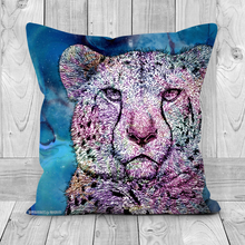 Load image into Gallery viewer, A cushion with a hand drawn image of a cheetah on a blue galaxy inspired background