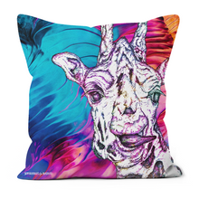 Load image into Gallery viewer, A cheeky giraffe sticking their tongue out on a bright abstract effect cushion