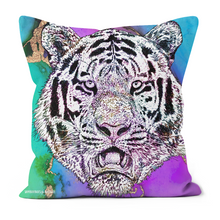 Load image into Gallery viewer, A majestic tiger cushion, on a blue, purple and green background