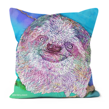 Load image into Gallery viewer, A smiley sloth cushion, with a blue and green background