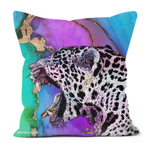 Load image into Gallery viewer, A stunning jaguar on a purple, green and blue cushioin
