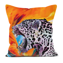Load image into Gallery viewer, A bright orange cushion featuring an eye catching jaguar
