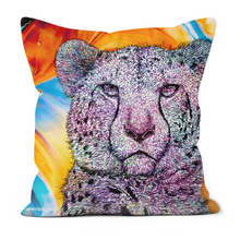 Load image into Gallery viewer, A cushion with a hand drawn cheetah on a orange background
