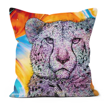 Load image into Gallery viewer, A cushion with a hand drawn cheetah on a orange background