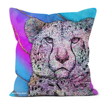 Load image into Gallery viewer, A cushion with a hand drawn cheetah on a purple, pink, blue marble background
