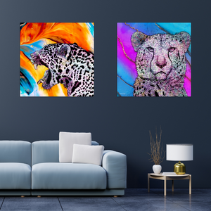 Metal wall art featuring vibrant images of a jaguar and cheetah