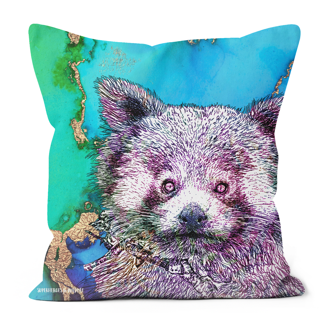 A red panda from Chester Zoo on a blue and green cushion