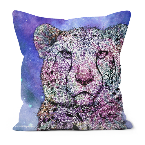 A  cushion with a hand drawn cheetah on a purple galaxy background