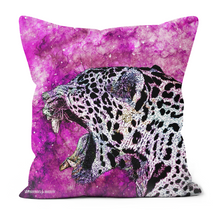 Load image into Gallery viewer, A cushion with a hand drawn jaguar on a bright pink inspired galaxy background
