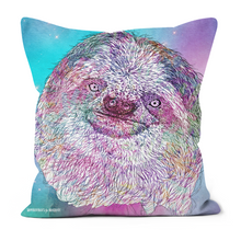 Load image into Gallery viewer, A cute smiley sloth on a blue and pink galaxy background, feature on this cushion
