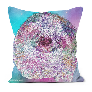 A cute smiley sloth on a blue and pink galaxy background, feature on this cushion