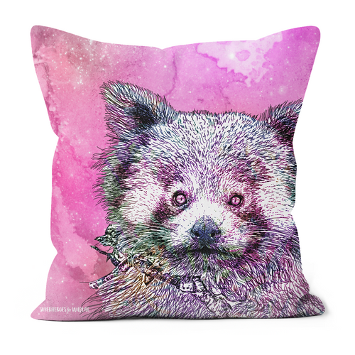 A cushion with a cute red panda on a pink galaxy background