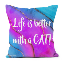 Load image into Gallery viewer, Life is better with a cat cushion, with a blue and purple background
