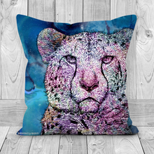 Load image into Gallery viewer, A cushion with a hand drawn image of a cheetah on a blue galaxy inspired background
