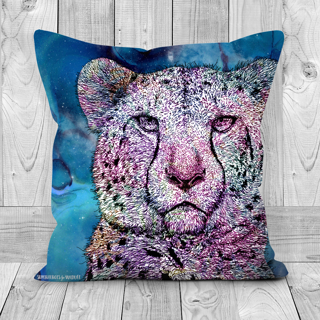 A cushion with a hand drawn image of a cheetah on a blue galaxy inspired background