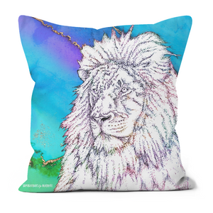 A cushion with a white lion and a blue and green background