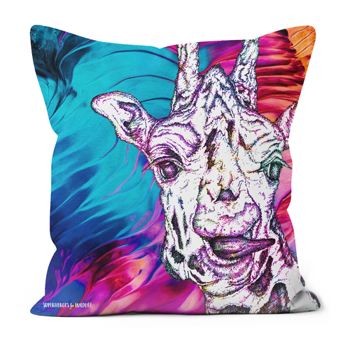 A cheeky giraffe sticking their tongue out on a bright abstract effect cushion