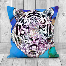 Load image into Gallery viewer, A majestic tiger cushion, with a blue and green background
