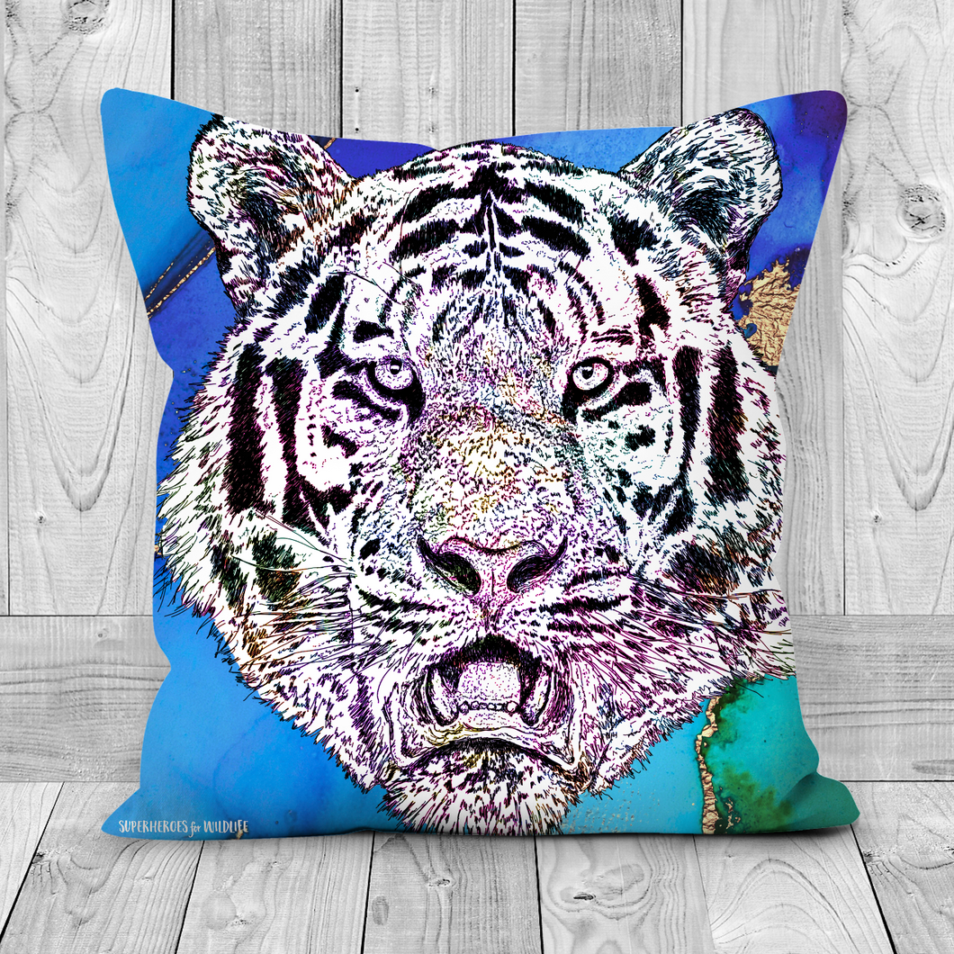 A majestic tiger cushion, with a blue and green background