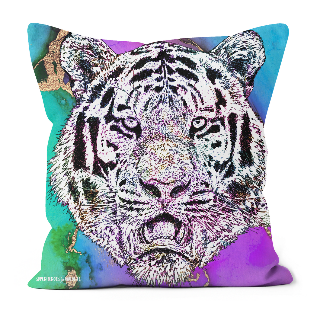 A majestic tiger cushion, on a blue, purple and green background