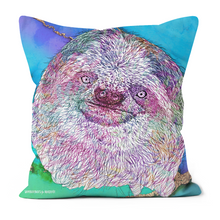 Load image into Gallery viewer, A smiley sloth cushion, with a blue and green background

