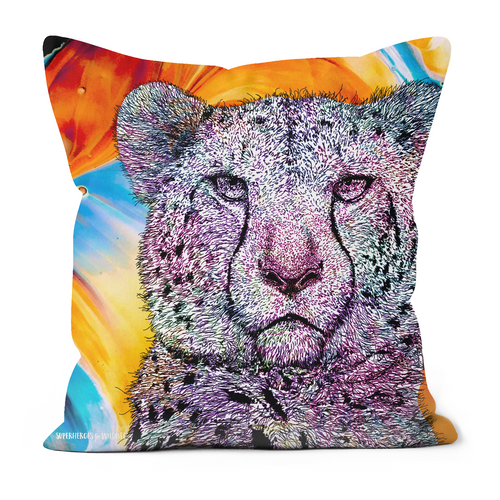 A cushion with a hand drawn cheetah on a orange background